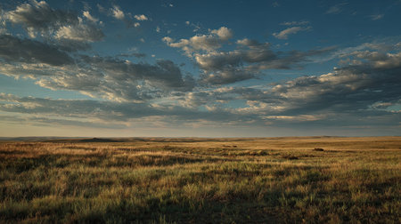 A professional wide angle landscape 18 photograph of Great Plains prairie with Wide open range land featuring Patchy buffalo grass, captured during Golden Sun scorched Summer under Dappled cloud shadows, ultra-realistic textures, 8k resolution, cinematic depth, natural color grading, serene atmosphere, no people