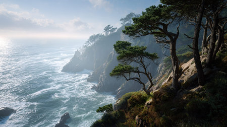 A professional wide angle landscape 45 photograph of California coastal cliffs with Elevated clifftop vistas featuring Monterey pines, captured during Misty Marine Layer Summer under Dappled sunlight, ultra-realistic textures, 8k resolution, cinematic depth, natural color grading, serene atmosphere, no people