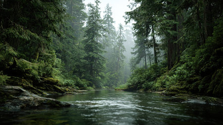A professional wide angle landscape 2 photograph of Pacific Northwest forests with Mossy river valley featuring Giant Western Red cedars, captured during Cool Humid Summer under Thick rolling fog, ultra-realistic textures, 8k resolution, cinematic depth, natural color grading, serene atmosphere, no people