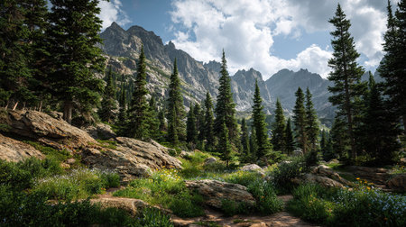 A professional wide angle landscape 37 photograph of Rocky Mountains wilderness with Dense spruce woods featuring Scattered shale rock, captured during Vibrant Wildflower Spring under Harsh midday sunlight, ultra-realistic textures, 8k resolution, cinematic depth, natural color grading, serene atmosphere, no people
