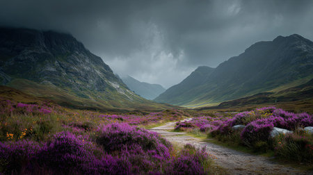 A professional wide angle landscape 49 photograph of Scottish highlands with Isolated mountain pass featuring Vibrant purple heather, captured during Moody Highland Summer under Dramatic storm light, ultra-realistic textures, 8k resolution, cinematic depth, natural color grading, serene atmosphere, no people