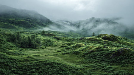 A professional wide angle landscape 68 photograph of Scottish highlands with Rolling grassy hills featuring Thick green bracken, captured during Fresh Verdant Spring under Ethereal morning mist, ultra-realistic textures, 8k resolution, cinematic depth, natural color grading, serene atmosphere, no people
