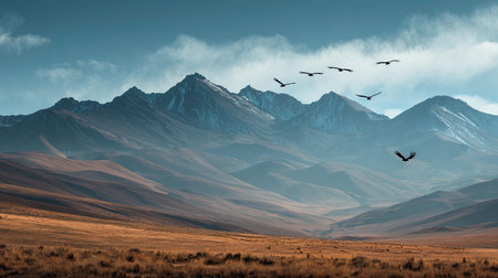 A professional wide angle landscape 64 photograph of Andes mountain range with Arid puna plateau featuring Soaring condor silhouettes, captured during Golden Altiplano Autumn under Alpenglow on peaks, ultra-realistic textures, 8k resolution, cinematic depth, natural color grading, serene atmosphere, no people