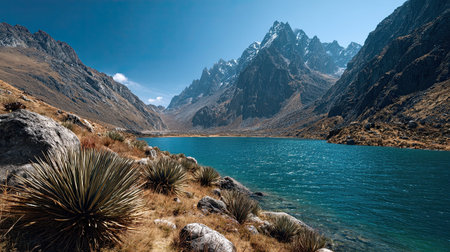 A professional wide angle landscape 66 photograph of Andes mountain range with Turquoise glacial lake featuring Spiky Puya raimondii, captured during Dry Highland Winter under Harsh high altitude sun, ultra-realistic textures, 8k resolution, cinematic depth, natural color grading, serene atmosphere, no people