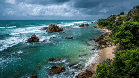 A professional wide angle landscape 64 photograph of Brazilian tropical coast with Turquoise sea lagoon featuring Crashing atlantic waves, captured during Vibrant Tropical Spring under Dramatic storm clouds, ultra-realistic textures, 8k resolution, cinematic depth, natural color grading, serene atmosphere, no people