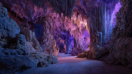 A cinematic, ultra-realistic photography 67 of Nerja Caves Malaga featuring Crystalline rock walls, captured during Southern Spanish Winter, illuminated by Deep violet twilight, showcasing high-detail textures, architectural precision, 8k resolution, vibrant colors
