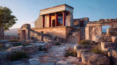 A cinematic, ultra-realistic photography 97 of Knossos Palace Crete featuring Labyrinthine ruins, captured during Cretan Warm Autumn, illuminated by Golden hour shimmer, showcasing high-detail textures, architectural precision, 8k resolution, vibrant colors
