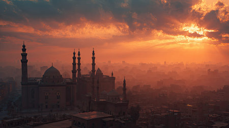 A cinematic, ultra-realistic photography 19 of Saladin Citadel Cairo featuring Distant city haze, captured during Mild Egyptian Winter, illuminated by Fiery desert sunset, showcasing high-detail textures, architectural precision, 8k resolution, vibrant colors