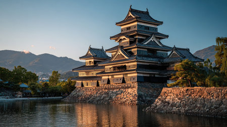 A cinematic, ultra-realistic photography 81 of Matsumoto Castle Nagano featuring Shimmering moat water, captured during Japanese Sunny Spring, illuminated by Golden hour glow, showcasing high-detail textures, architectural precision, 8k resolution, vibrant colors