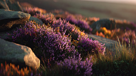 A cinematic, ultra-realistic photography 20 of Peak District Derbyshire featuring Purple heather moorlands, captured during British Sunny Summer, illuminated by Golden hour warmth, showcasing high-detail textures, architectural precision, 8k resolution, vibrant colors