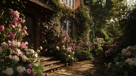 A cinematic, ultra-realistic photography 7 of The Cotswolds Village featuring Blooming garden roses, captured during British Sunny Summer, illuminated by Soft morning sun, showcasing high-detail textures, architectural precision, 8k resolution, vibrant colors