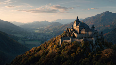 A cinematic, ultra-realistic photography 64 of Hochosterwitz Castle Carinthia featuring Panoramic valley view, captured during Austrian Golden Autumn, illuminated by Golden hour glow, showcasing high-detail textures, architectural precision, 8k resolution, vibrant colors