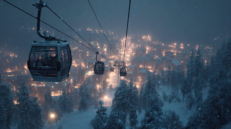 A cinematic, ultra-realistic photography 58 of Are Ski Resort Jemtland featuring Modern cable car gondolas, captured during Swedish Snowy Winter, illuminated by Night resort lights, showcasing high-detail textures, architectural precision, 8k resolution, vibrant colors