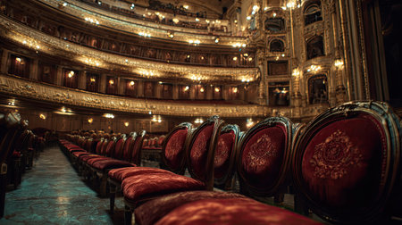 A cinematic, ultra-realistic photography 34 of Teatro Colon Buenos Aires featuring Red velvet seat textures, captured during Argentine Mild Winter, illuminated by Moody ambient light, showcasing high-detail textures, architectural precision, 8k resolution, vibrant colors