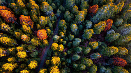 A cinematic, ultra-realistic photography 16 of Seven Lakes Road Neuquen featuring Dense pine forest canopy, captured during Patagonian Golden Autumn, illuminated by Fiery sunset alpenglow, showcasing high-detail textures, architectural precision, 8k resolution, vibrant colors