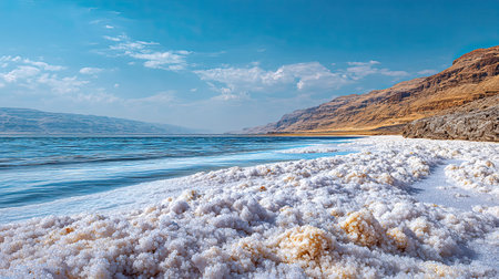 A cinematic, ultra-realistic photography 3 of Dead Sea Coast Balqa Jordan featuring White salt crystal textures, captured during Jordanian Sunny Summer, illuminated by Brilliant midday clarity, showcasing high-detail textures, 8k resolution, vibrant colors