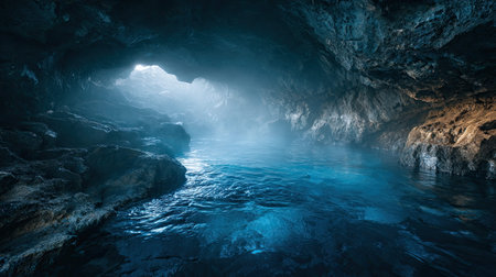A wide angle cinematic landscape photograph showcasing the expansive environment and vast scale of Steam rising from blue water, set in Icelandic Cold Winter, during Moody ambient light, long shot, panoramic perspective, geological accuracy, vibrant color palette