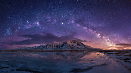 A wide angle cinematic landscape photograph 92 of Sharp Mountain East Iceland showcasing the expansive environment and vast scale of Starry sky mountain reflections, set in Icelandic Dry Winter, during Brilliant starlit night, long shot, panoramic perspective, 8k resolution, geological accuracy, vibrant color palette