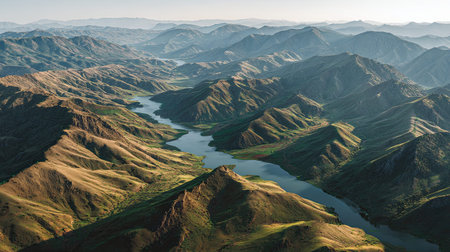 A wide angle cinematic landscape photograph 35 of Symmetrical Fjord Ridge Lines showcasing the expansive environment and vast scale of Geological mountain patterns, set in Caucasian Sunny Summer, during Sharp detail focus, long shot, panoramic perspective, 8k resolution, geological accuracy, vibrant color palette