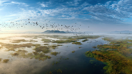 A wide angle cinematic landscape photograph 41 of Nebunu Lake Nature Reserve showcasing the expansive environment and vast scale of Rare bird flight silhouettes, set in Danube Misty Spring, during Soft morning sunlight, long shot, panoramic perspective, 8k resolution, geological accuracy, vibrant color palette