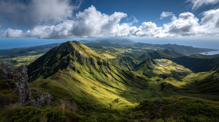 Panoramic view of the Azores from the top of a mountain.