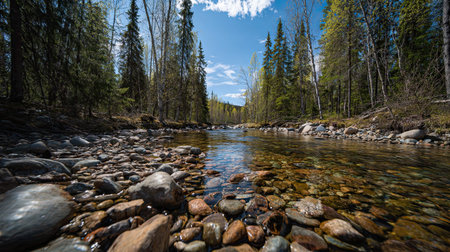 A wide angle cinematic landscape photograph 79 of Deep Forest Stream showcasing the expansive environment and vast scale of River bed smooth pebbles, set in Lapland Rainy Spring, during Shimmering midday sun, long shot, panoramic perspective, 8k resolution, geological accuracy, vibrant color palette
