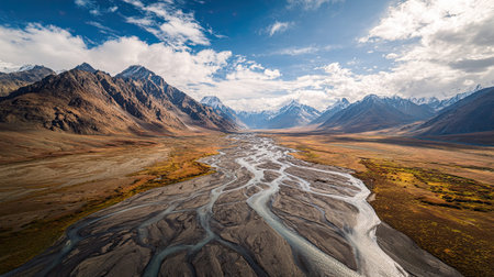 A wide angle cinematic landscape photograph 15 of Fedchenko Glacial Delta showcasing the expansive environment and vast scale of Braided river silt water patterns, set in Pamiri Sunny Summer, during High altitude sun glints, long shot, panoramic perspective, 8k resolution, geological accuracy, vibrant color palette