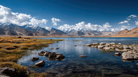 A wide angle cinematic landscape photograph 36 of Karakul Lake Plateau showcasing the expansive environment and vast scale of High altitude blue sky horizon, set in Pamiri Sunny Summer, during Brilliant midday clarity, long shot, panoramic perspective, 8k resolution, geological accuracy, vibrant color palette