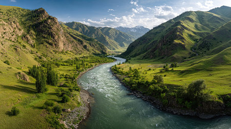 A wide angle cinematic landscape photograph 63 of Gunt River Rapids showcasing the expansive environment and vast scale of Symmetrical river bank greenery, set in Pamiri Sunny Spring, during Soft morning sunlight, long shot, panoramic perspective, 8k resolution, geological accuracy, vibrant color palette
