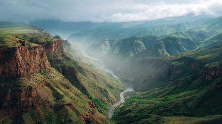 A wide angle cinematic landscape photograph 89 of Panj Canyon Mist showcasing the expansive environment and vast scale of Morning fog over water, set in Pamiri Misty Spring, during Misty morning haze, long shot, panoramic perspective, 8k resolution, geological accuracy, vibrant color palette