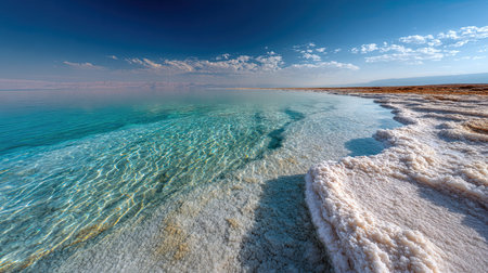 A wide angle cinematic landscape photograph 45 of Dead Sea Southern Basin showcasing the expansive environment and vast scale of White salt desert ripples, set in Middle Eastern Dry Summer, during Shimmering midday sun, long shot, panoramic perspective, 8k resolution, geological accuracy, vibrant color palette