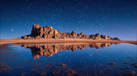 A wide angle cinematic landscape photograph 32 of Gobi Rocky Ridge Line showcasing the expansive environment and vast scale of Starry sky mountain reflections, set in Gobi Dry Winter, during Brilliant starlit night, long shot, panoramic perspective, 8k resolution, geological accuracy, vibrant color palette