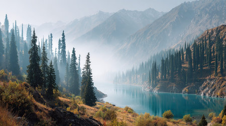 A wide angle cinematic landscape photograph 35 of Kaindy Lake Sunken Forest showcasing the expansive environment and vast scale of High altitude mountain mist, set in Tian Shan Misty Autumn, during Misty morning haze, long shot, panoramic perspective, 8k resolution, geological accuracy, vibrant color palette