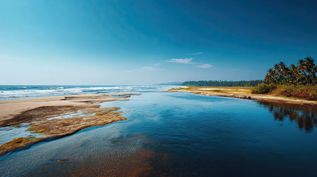 A wide angle cinematic landscape photograph 86 of Maravanthe Beach Horizon showcasing the expansive environment and vast scale of River and ocean water horizon line, set in Indian Sunny Summer, during Brilliant midday clarity, long shot, panoramic perspective, 8k resolution, geological accuracy, vibrant color palette