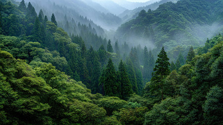 A wide angle cinematic landscape photograph 24 of Hakone Forest Canopy showcasing the expansive environment and vast scale of Dense cedar tree forest mist, set in Japanese Misty Spring, during Misty morning fog, long shot, panoramic perspective, 8k resolution, geological accuracy, vibrant color palette