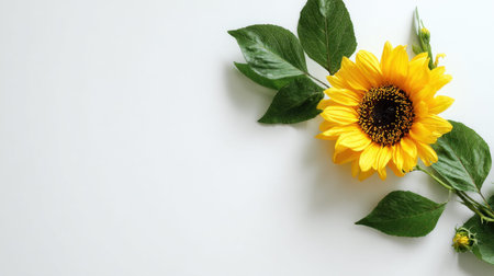 Sunflower creeping along the edge of a clean white minimalist background elegant premium flowers with vibrant green leaves overhead flat lay photography top down view soft natural shadows horizontal composition abundant copy space premium stock photo quality no people no text no logo 2