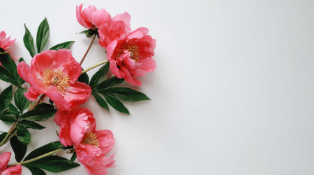 Peony creeping along the edge of a clean white minimalist background elegant premium flowers with vibrant green leaves overhead flat lay photography top down view soft natural shadows horizontal composition abundant copy space premium stock photo quality no people no text no logo 2