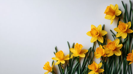Daffodil creeping along the edge of a clean white minimalist background elegant premium flowers with vibrant green leaves overhead flat lay photography top down view soft natural shadows horizontal composition abundant copy space premium stock photo quality no people no text no logo 3