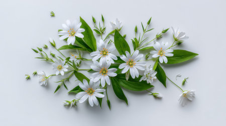Stitchwort arranged on a pristine white minimalist background bold exotic tropical flowers with glossy green leaves overhead flat lay photography top down view sharp botanical details horizontal composition abundant copy space premium stock photo quality no people no text no logo 3