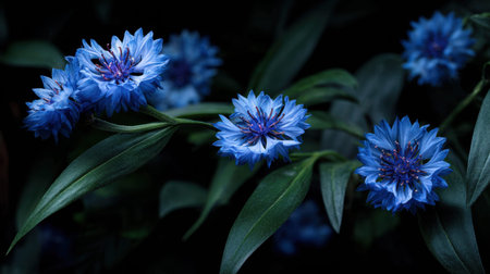 Cornflower cascading down from a deep shadowy tropical jungle canopy wild exotic blossoms with rich glossy leaves against a midnight dark rainforest background mysterious misty bokeh accents telephoto botanical photography shallow depth of field horizontal presentation premium stock quality no people no text no logo 3