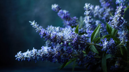 English Lavender clusters cascading elegantly against a moody dark luxury studio backdrop sharp detailed blossoms with deep green leaves cinematic spotlighting telephoto macro view shallow depth of field dreamy soft background bokeh horizontal composition premium stock photography quality no people no text no logo 3