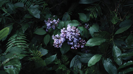 Lilac nestled within a dense untamed tropical jungle undergrowth exotic wild blossoms surrounded by deep shadowed rainforest foliage overhead macro photography top down view high contrast moody lighting horizontal format abundant copy space premium stock photo quality no people no text no logo 3