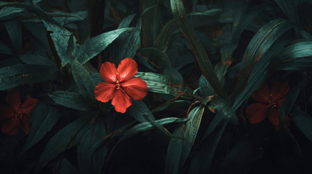 Scarlet Pimpernel nestled within a dense untamed tropical jungle undergrowth exotic wild blossoms surrounded by deep shadowed rainforest foliage overhead macro photography top down view high contrast moody lighting horizontal format abundant copy space premium stock photo quality no people no text no logo 3