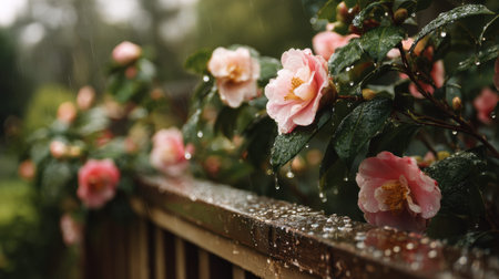 Camellia bursting over a pristine estate wooden fence border covered with glistening raindrops fresh vibrant flowers surrounded by rich green foliage after gentle rainfall shallow depth of field beautiful creamy bokeh background cinematic natural lighting horizontal composition abundant copy space premium stock photo quality no people no text no logo 2
