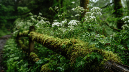 Sweet Cicely growing wildly over a mossy woodland trail wooden fence boundary delicate colorful forest flowers covered in fresh raindrops lush green mossy backdrop shallow depth of field tranquil organic atmosphere horizontal composition wide copy space premium stock photo quality no people no text no logo 2