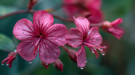 Campion macro botanical shot of exotic tropical blossoms with crisp glassy water droplets against a bright soft focus jungle background vibrant paradise color palette shallow depth of field sharp textures horizontal composition abundant copy space premium stock photo quality no people no text no logo 2