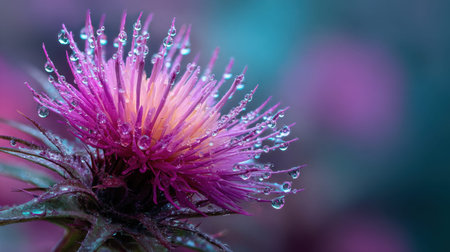 Thistle macro botanical shot of exotic tropical blossoms with crisp glassy water droplets against a bright soft focus jungle background vibrant paradise color palette shallow depth of field sharp textures horizontal composition abundant copy space premium stock photo quality no people no text no logo 2