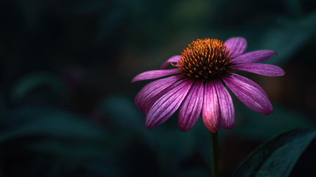 Purple Coneflower nestled on a deep tropical jungle floor at sunset exotic wild blossoms highlighted by warm volcanic gold rim lighting against a moody dark textured earth backdrop telephoto botanical view shallow depth of field rich glowing bokeh horizontal composition abundant copy space premium quality no people no text no logo 2