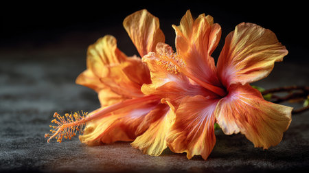 Hibiscus in a luxury commercial studio setting with dramatic warm amber spotlighting elegant vibrant petals contrasted against a moody dark textured charcoal background rim lighting macro close up shot shallow depth of field soft golden bokeh horizontal composition abundant copy space premium stock photo quality no people no text no logo 2