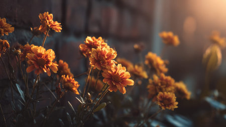 Blanket Flower blooming in a charming cottage garden setting during golden hour sunset lovely flower clusters backlit by warm sunbeams against a dark weathered brick texture background macro telephoto view shallow depth of field soft amber bokeh horizontal layout wide copy space premium quality no people no text no logo 3